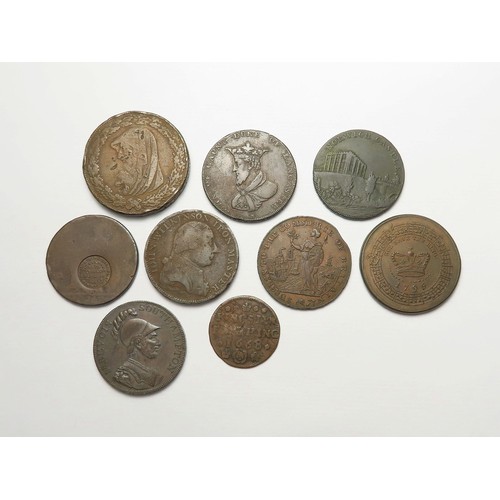 856 - Tokens (9) assortment 17th-19thC, Fair to nEF, some with old tickets.