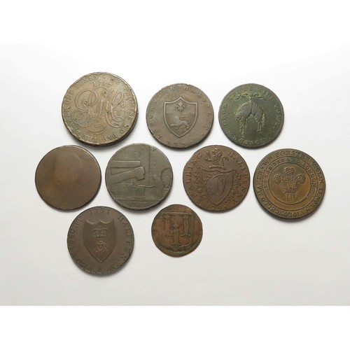 856 - Tokens (9) assortment 17th-19thC, Fair to nEF, some with old tickets.