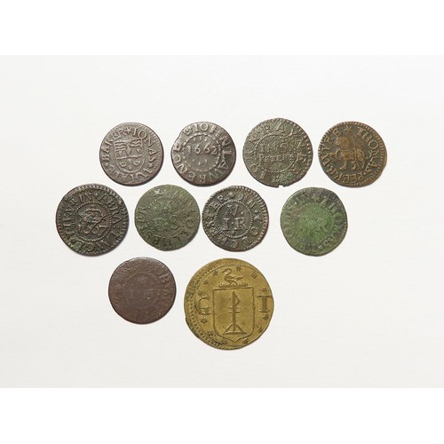 864 - Tokens, 17thC Essex, Colchester, surnames L-W (10): Abra Langley Junr 1/4d 1667 crown, 'BAY MAKR', D... 