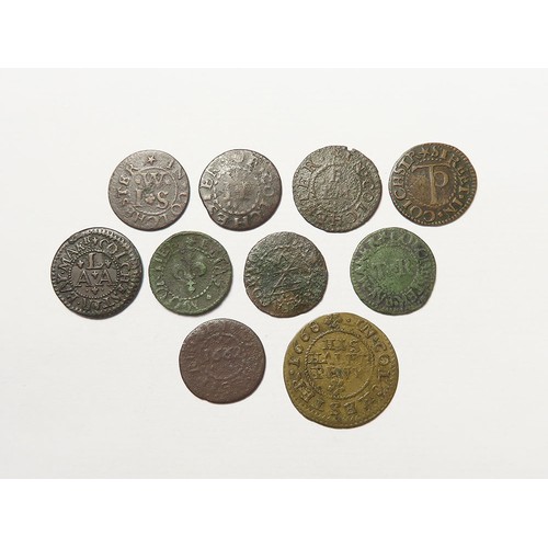 864 - Tokens, 17thC Essex, Colchester, surnames L-W (10): Abra Langley Junr 1/4d 1667 crown, 'BAY MAKR', D... 