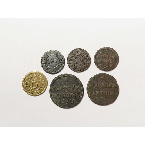 869 - Tokens, 17thC Norfolk, Norwich (6): City 1/4d 1667, D#225, VG; City 1/4d 1670, D#228, nF; James Broc... 