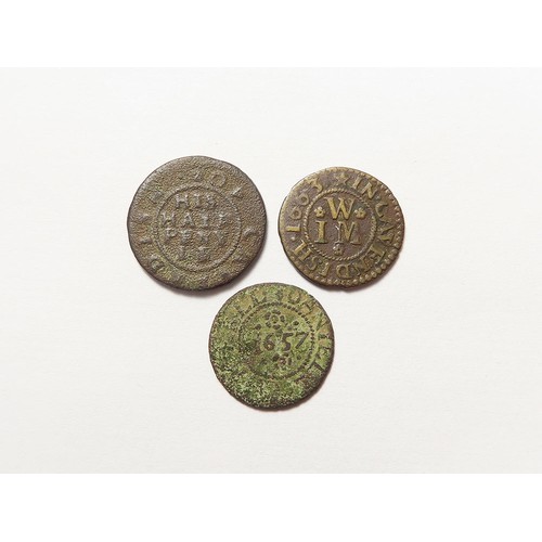 879 - Tokens, 17thC Suffolk, Cavendish (3): Daniell Chickell 1/4d 1657, D#88 rare, Fair/VG; James Ellis 1/... 