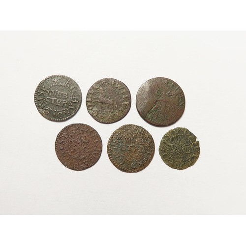 880 - Tokens, 17thC Suffolk, Clare (6): William Cadge 1/4d 1655, crescent moon, D#95, poor; William Colte ... 