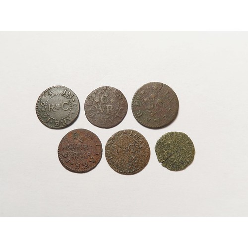 880 - Tokens, 17thC Suffolk, Clare (6): William Cadge 1/4d 1655, crescent moon, D#95, poor; William Colte ... 