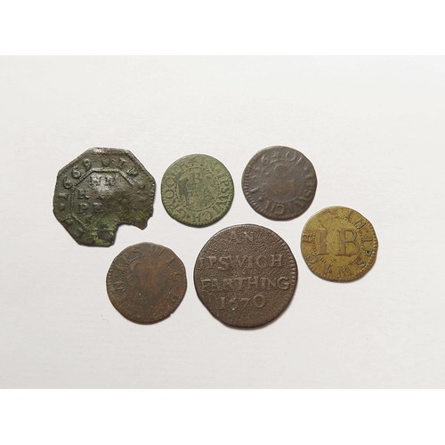 886 - Tokens, 17thC Suffolk, Ipswich (6): Town 1/4d 1670, D#158/9, VG/Fair; John Burrough 1/4d, grocer, D#... 