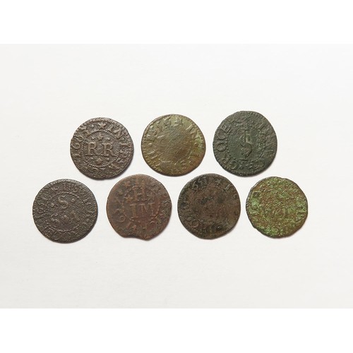 887 - Tokens, 17thC Suffolk, Ipswich (7): Charls Fareweather 1/4d 1656, ship, D#177, Fair; James Harwell 1... 