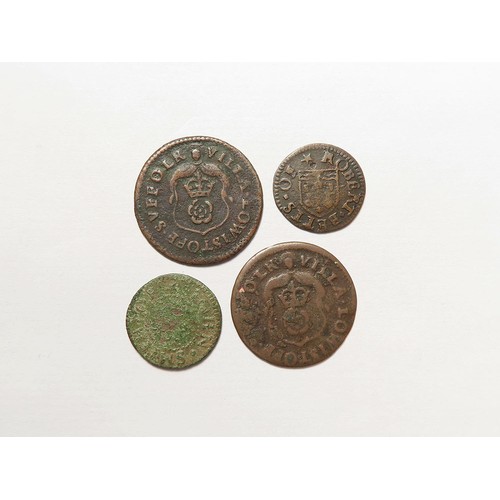 888 - Tokens, 17thC Suffolk, Lowestoft (4): Town 1/4d, D#224, Fine; Town and Church Wardens 1/4d 1669, D#2... 