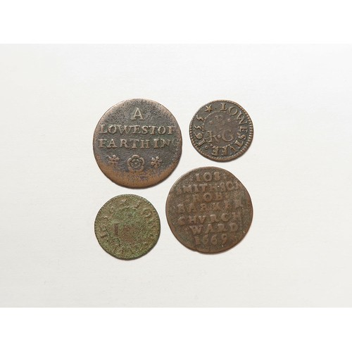 888 - Tokens, 17thC Suffolk, Lowestoft (4): Town 1/4d, D#224, Fine; Town and Church Wardens 1/4d 1669, D#2... 