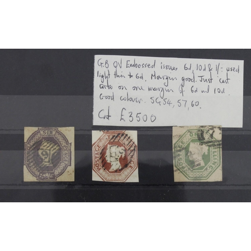 23 - GB - QV Embossed issues 6d, 10d and 1/- used, light thin to 6d. 1/- with four margins, good colour, ... 