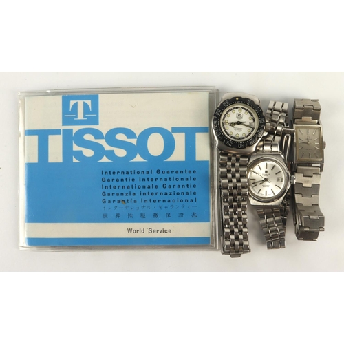 119 - Three ladies stainless steel cased wristwatches, to include a Tissot Seastar Automatic, Omega Geneve... 