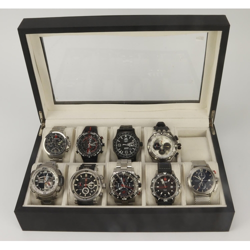 141 - Assortment of nine large sized gents quartz wristwatches, various makers but good models noted. Unte... 