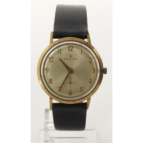 16 - Gents 9ct cased Zenith manual wind wristwatch. Hallmarked London 1968. The cream dial with gilt arab... 