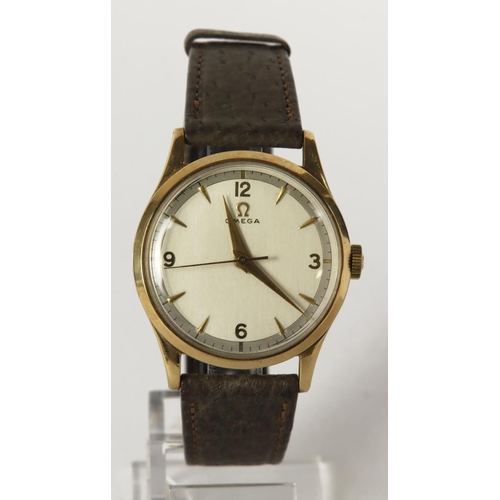 17 - Gents 9ct cased Omega manual wind wristwatch, 1950. The silvered dial with gilt Arabic numerals at q... 