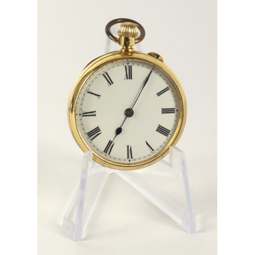 170 - 18k cased open face stem-wind pocket watch. The white enamel dial with Roman numerals, base metal du... 