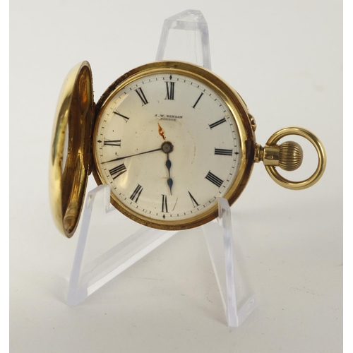 19 - Yellow metal (tests as 18ct and stamped 18k) mid-size half hunter pocket watch by Benson. Approx 35m... 
