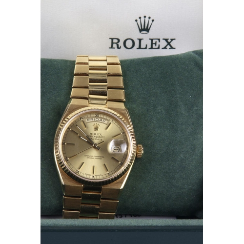 192 - Rolex Day-Date Oysterquartz 18ct cased gents wristwatch, ref. 19018, serial. 5879xxx, circa 1978. Th... 