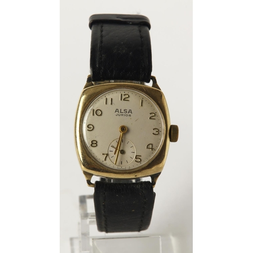 22 - Gents 9ct cased Alsa Junior wristwatch, hallmarked Birmingham 1942. The cream dial with arabic numer... 