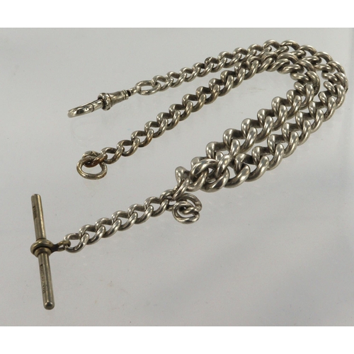 303 - Silver vintage double Albert pocket watch chain, graduated curb links, one dog clip and T-bar, lengt... 