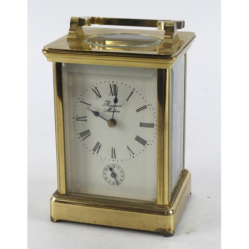 320 - Gilt brass chiming carriage clock, by Romanet Morbier, Roman numerals to dial, with subsidiary alarm... 