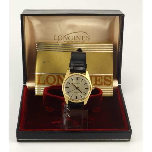 36 - Gents gold plated Longines Conquest manual wind wristwatch, 1969. The silvered dial with black baton... 