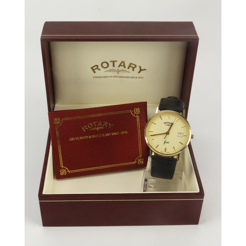 37 - Gents 9ct cased Rotary Gold quartz wristwatch. The cream dial with gilt baton markers and date apert... 