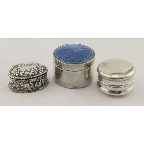 435 - Three silver boxes, one with a blue enamel top (this box has a couple of minor dents to it's base). ... 