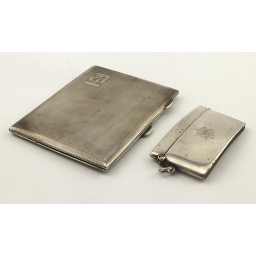 437 - Silver cigarette case plus a silver card case (the card case has a damaged hinge), both items are ha... 