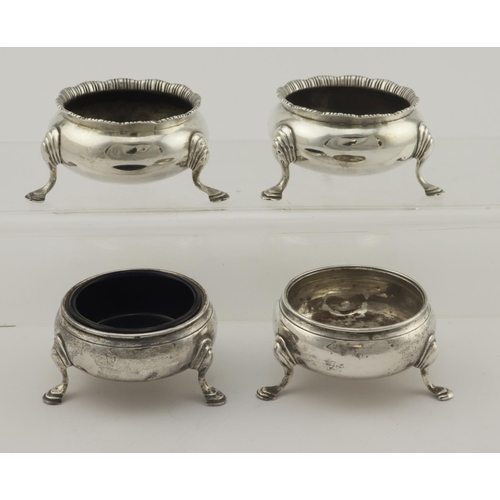 439 - Four silver Open salts with rubbed British hallmarks, two of the salts are Georgian - one has a blue... 