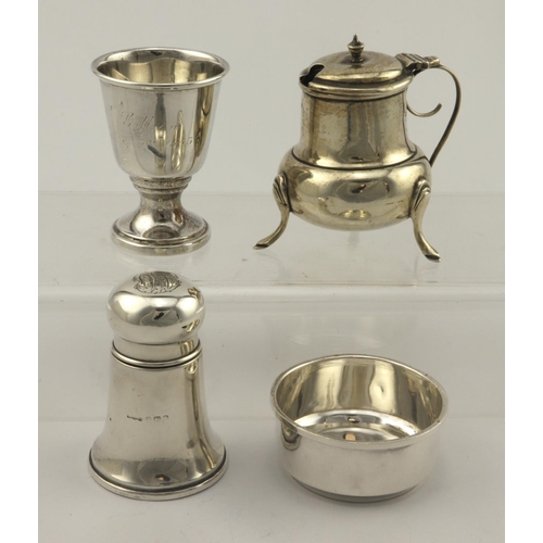 443 - Mixed lot of silver comprising a silver mustard pot, an unusual silver & glass perfume bottle, a sil... 