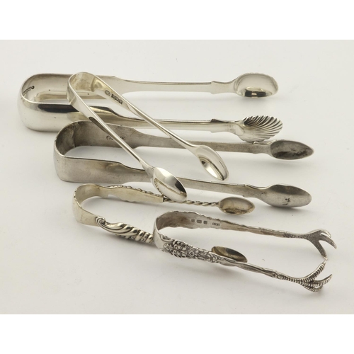 446 - Five pairs of silver sugar tongs, all have British hallmarks, they include Edinburgh 1835 and Exeter... 