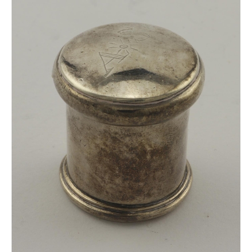 453 - 18th century unmarked small silver box (possibly a patch box), top inscribed with contemporaneous in... 