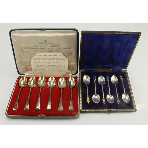 455 - Two boxes of silver spoons all have various British hallmarks (one set of six is very interesting in... 