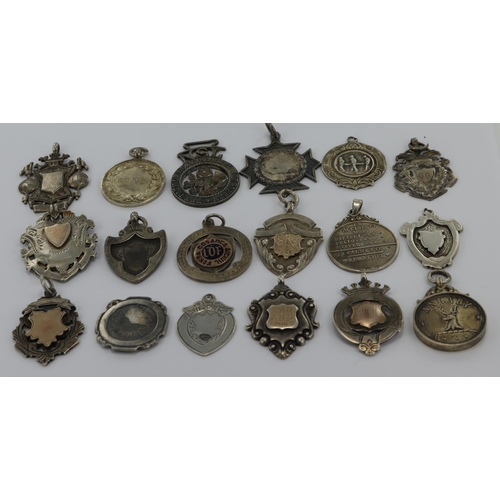 461 - Nineteen silver/white metal fob medals/pendants, total weight 153g.