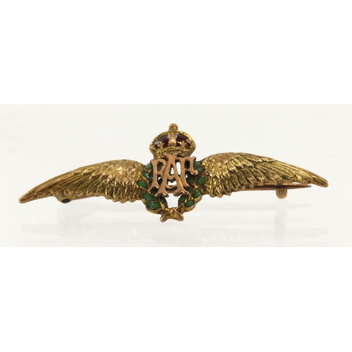 489 - Yellow gold (tests 9ct) RAF enamelled sweetheart pin badge, length 42mm, weight 3.5g.