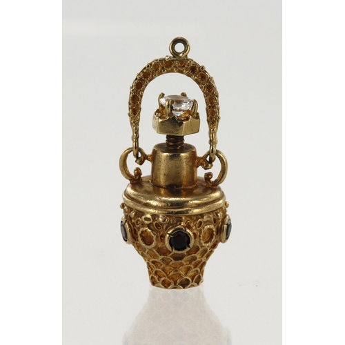 491 - 9ct yellow gold perfume bottle pendant, set with garnets and CZ, length 40mm, screw top with moving ... 