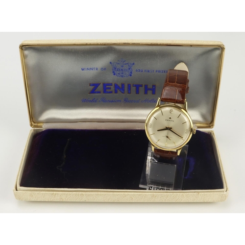 51 - Gents 18ct cased Zenith manual wind wristwatch, circa 1960s. The silvered dial with gilt Arabic nume... 