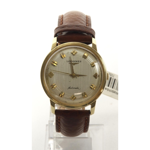 56 - Gents 14ct cased Longines automatic wristwatch, circa 1960. The silvered pattern dial with gilt geom... 