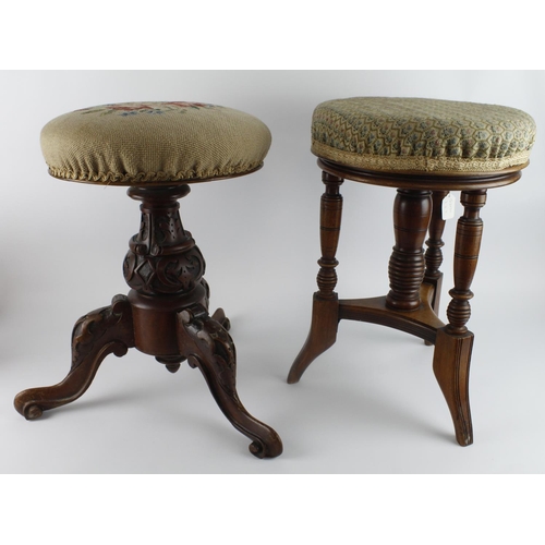 548 - Two carved mahogany / walnut piano stools, both with embroidered seat cushions, tallest 47cm approx.... 