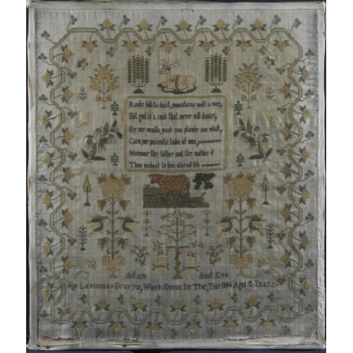 551 - Victorian Sampler, depicting Adam & Eve, animals & flowers, by 'Lavinnia Drurys, Work Done in the Ye... 