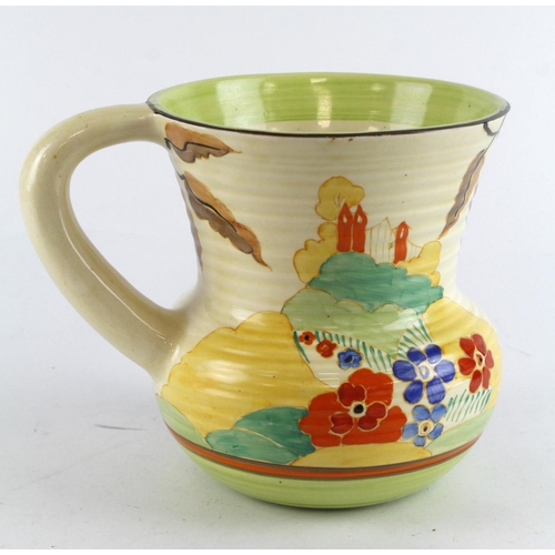 88 - Clarice Cliff Bizarre 635 'Alton' pattern jug, makers marks to base, height 17cm approx.