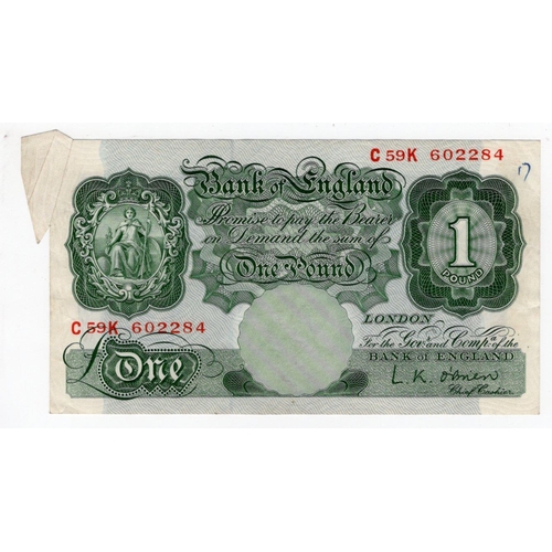 113 - ERROR O'Brien 1 Pound issued 1955, rare FISHTAIL extra paper error, serial C59K 602284 (B271, Pick36... 