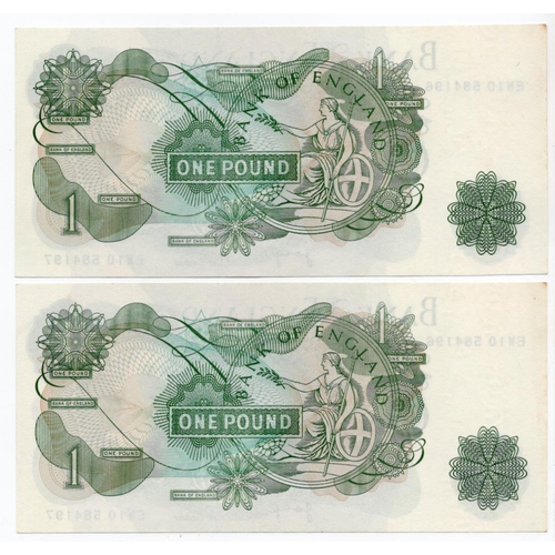 114 - ERROR Page 1 Pound (2) issued 1970, a very scarce pair of IDENTICAL mismatched serial numbers, top s... 