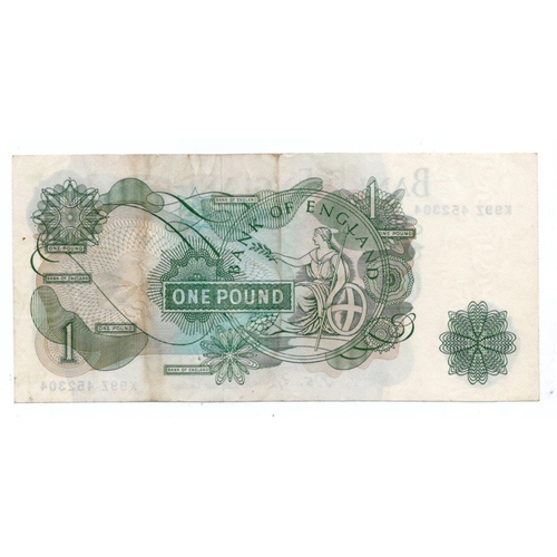 137 - Fforde 1 Pound (B303) issued 1967, rare LAST RUN 'K99Z' prefix, serial K99Z 452304 (B303, Pick374f) ... 
