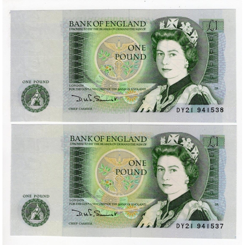 241 - Somerset 1 Pound (B341) issued 1981 (2), a consecutively numbered pair of LAST RUN 'DY21' prefix, se... 