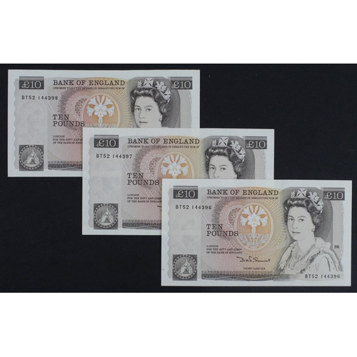 244 - Somerset 10 Pounds (B348) issued 1984 (3), a consecutively numbered run, serial BT52 144396 - BT52 1... 