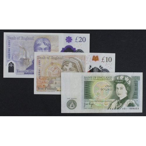 262 - Bank of England (3) a group of FIRST RUN notes, Page 1 Pound issued 1978 serial A01 04053 (B337) VF,... 