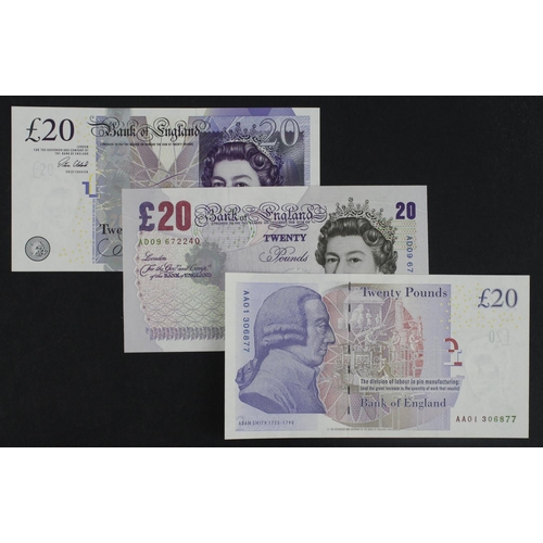 263 - Bank of England (3), Bailey 20 Pounds issued 2007, FIRST RUN 'AA01' prefix, serial AA01 306877 (B405... 