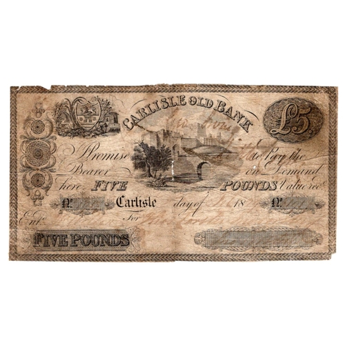 278 - Carlisle Old Bank 5 Pounds dated 1829, serial no. 1917 for Forster & Co (Outing429b) centre split, o... 