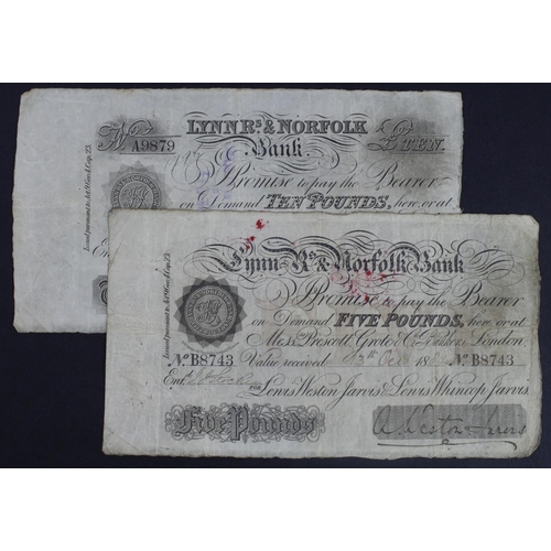 280 - Lynn Regis & Norfolk Bank (2), 5 Pounds dated 1884 serial B8743 and 10 Pounds dated 1883 serial A987... 
