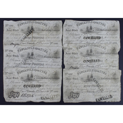 281 - Newcastle upon Tyne 5 Pounds dated 1838 (6), all stamped 'Cancelled' on obverse (Outing1515b) genera... 